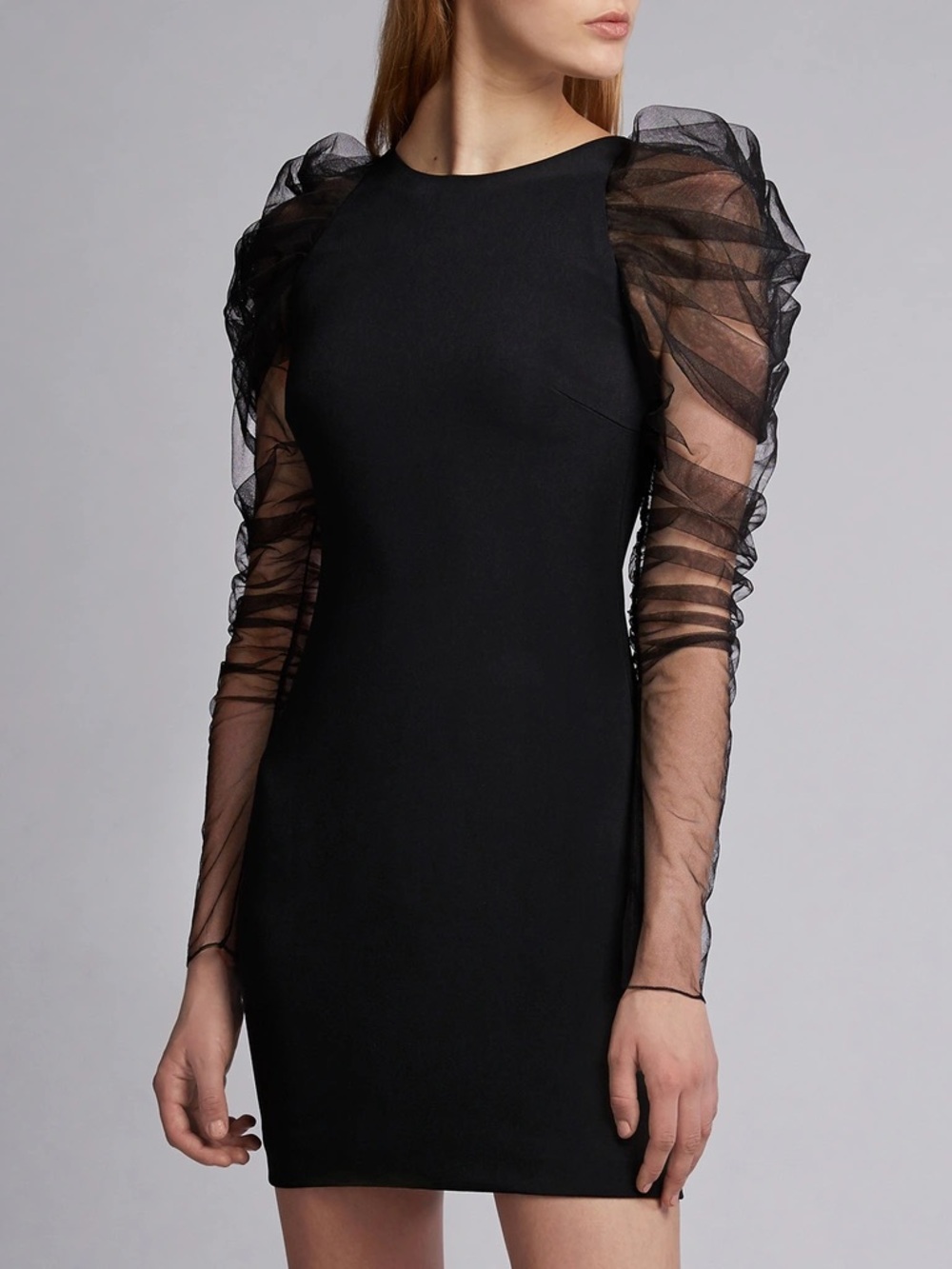 CUSHNIE et Ochs Cady Cartier Black Tulle Ruched Sheer Sleeve Mini Dress EUC 10